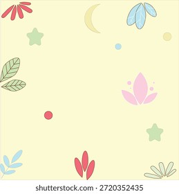 Un fondo de Vector amarillo pálido suave y cálido decorado con adorables Elementos de vivero como una luna creciente, estrellas verdes, Formas florales y varias hojas de colores. Este diseño plano alegre es ideal para temas neutrales de la ducha del bebé, las cubiertas del libro de los niños, los carteles educativos, y el papel de regalo lindo que envuelve. El tono amarillo suave proporciona una estética brillante pero calmante, lo que lo hace altamente versátil para diseños impresos y digitales para niños pequeños y bebés.