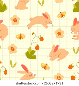 A gentle, warm summer seamless pattern with cute rabbits, strawberry bushes, butterflies, flowers. Ideal for wrapping, textiles, printing, wallpaper

