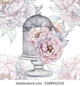 A gentle watercolor artwork features a birdcage adorned with blooming peonies, showcasing a harmonious blend of nature and elegance seamless pattern, background