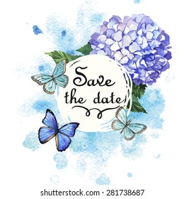Gentle watercolor card with blue hydrangea and butterflies. Watercolor.Vector illustration. Illustration for greeting cards, invitations, and other printing projects.