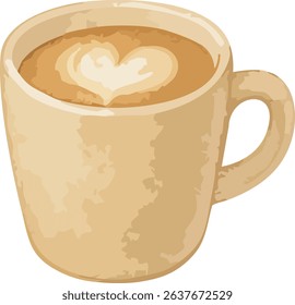 A gentle watercolor illustration of a cafe latte with heart-shaped latte art. Ideal for coffee-themed designs and cafe menus.