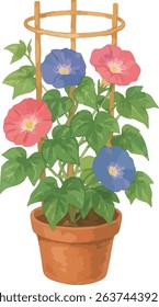 A gentle watercolor illustration of morning glories blooming in a flower pot with a support frame. Ideal for seasonal summer designs and gardening-themed projects.