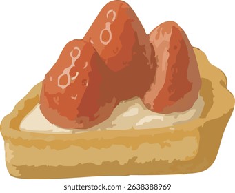 A gentle watercolor illustration of a slice of strawberry tart topped with fresh berries. Perfect for dessert-themed visuals, cafe menus, and sweet designs.