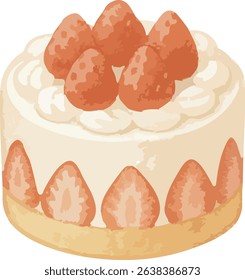 A gentle watercolor illustration of a whole strawberry shortcake topped with fresh strawberries. Ideal for birthday, celebration, and dessert-themed designs.
