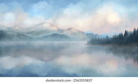 Gentle watercolor landscape depicting a serene lake with misty mountains and soft pastel clouds at dawn.