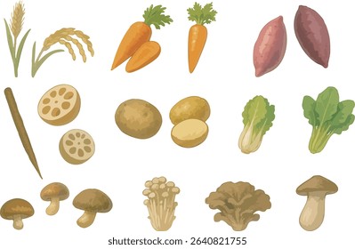 A gentle watercolor-style illustration set featuring autumn seasonal vegetables and mushrooms.
Includes sweet potatoes, burdock, lotus root, carrots, potatoes, spinach, bok choy, and more.