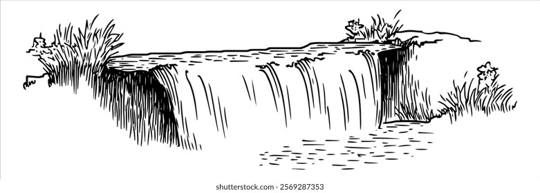 gentle waterfall surrounded by grass and plants hand drawn doodle sketch
