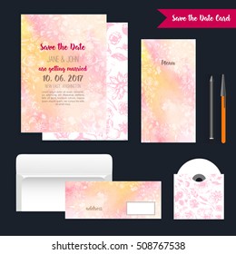 Gentle wedding cards with pink beautiful watercolor background and sketch flowers. Includes save the date and thank you cards templates.