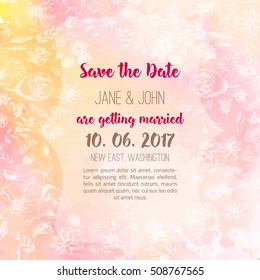 Gentle wedding cards with pink beautiful watercolor background and sketch flowers. Includes save the date and thank you cards templates.