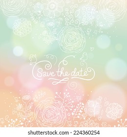 Gentle wedding invitation in vector. Delightful Save the Date card in modern style. Adorable romantic card with text, flowers and bokeh