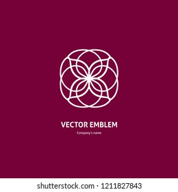 Gentle white beautiful circular logo for boutique, flower shop, business, interior. Company mark, emblem, element. Simple geometric mandala logotype. Kaleidoscope big bud. Surround abstract blossom.