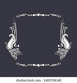 Gentle white and black lined medieval style frame. Mythological magic leaves and flowers. Decorative blossom design. Nature Vector illustration. Coloring book for adults. Vintage ornament