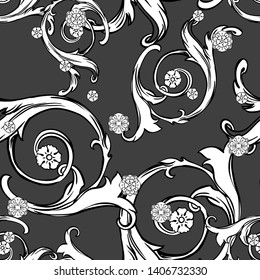 Gentle white and black lined medieval style pattern. Mythological magic leaves and flowers. Decorative blossom design seamless. Mid century textile