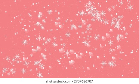 Gentle white snowflakes falling on a soft pink background with bokeh effect