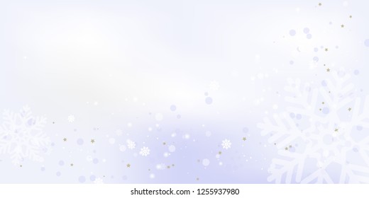 Gentle white-blue Christmas bokeh background with snowflakes, stars and lights. Vector illustration. EPS 10.