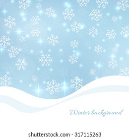 Gentle winter abstract background with falling scatter snowflakes, ice crystals and sparkles. 