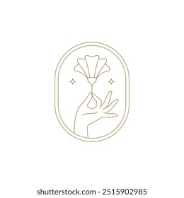 Gentle woman hand with buttercup in golden ellipse frame line art icon vector illustration. Elegant feminine arm with flower blossom logo for florist manicure skin care spa cosmetic beauty salon