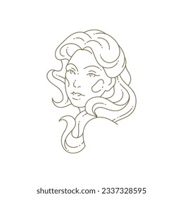 Mujer gentil con retrato de belleza de pelo largo minimo de línea de arte logo para la ilustración del vector de peluquería de coiffure. Cara femenina romántica con emblema de silueta monocroma de corte elegante para cosméticos