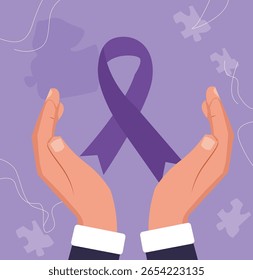 Gentle World Alzheimer's Day Illustration with Forget-Me-Nots and Purple Ribbon
