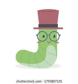Un gusano suave con gafas ilustraciones vectoriales aisladas en fondo blanco. Una pequeña caricatura vectorial de gusano. 