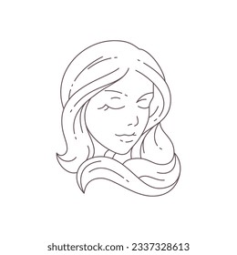 Joven y gentil mujer con largo retrato de belleza monocromo de la línea de arte para la ilustración del vector de coiffure. Elegante linda mujer cara hermosa silueta romántica icono mínimo para maquillaje cosmetológico