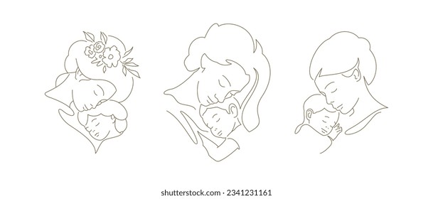 Madre joven y gentil abrazando a la pequeña hija pequeña con amor línea continua de arte conjunto ilustración vectorial. Feliz mamá de la familia abrazando a un lindo niño con un ícono de ternura para el Día de la Madre