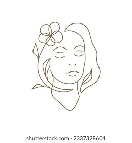 Gentle young woman face with flower hairstyle continuous line art logo vector illustration. Romantic female portrait floral botanical blossom hair minimal icon for beauty coiffure organic cosmetic