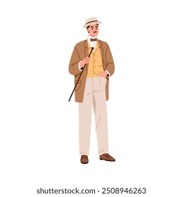 Gentleman in 20th century vintage fashion attire. Elegant man dressed in classic suit with boater hat, cane. Historical retro style clothing. Flat vector illustration isolated on white background