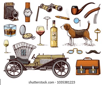 Gentleman accessories hand drawn set. Victorian era. binoculars and camera, briefcase, cufflinks, pouch, ring, sunglasses, fountain pen, wrist watch, retro car, cigars, shaving brush, dog beagle.