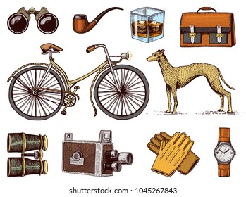 Gentleman accessories hand drawn set. Victorian era. Binoculars and camera, bike or bicycle, briefcase, wrist watch, brogues, cigars, shaving brush, dog whippet.