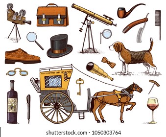 Gentleman accessories hand drawn set. Victorian era. binoculars and camera, briefcase, cufflinks, pouch, ring, sunglasses, carriage with horse, wrist watch, brogues, cigars, shaving brush, dog beagle.