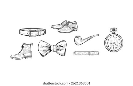 cavalheiro acessórios desenhado à mão gravura doodle coleção
