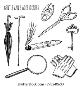 gentleman accessories. hipster or businessman, victorian era. engraved hand drawn in old vintage sketch. scissors and umbrella, walking stick, cigar and magnifier, gloves and key.