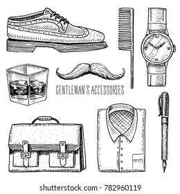 gentleman accessories. hipster or businessman, victorian era. engraved hand drawn vintage. brogues and fountain pen, briefcase and pouch, comb and wristwatch, mustache and shirt, a glass of whiskey.