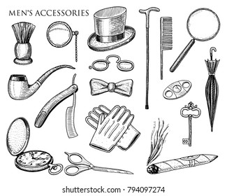 gentleman accessories. hipster or businessman, victorian era. engraved hand drawn vintage. brogues, briefcase, mustache, shirt and cigar. cylinder hat, smoking pipe, straight razor, monocle, pince-nez