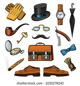 gentleman accessories set. hipster or businessman, victorian era. engraved hand drawn vintage. brogues, briefcase, shirt and cigar. cylinder hat, smoking pipe, straight razor, monocle, pince-nez
