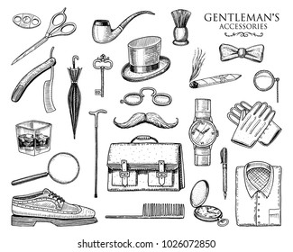 gentleman accessories set. hipster or businessman, victorian era. engraved hand drawn vintage. brogues, briefcase, shirt and cigar. cylinder hat, smoking pipe, straight razor, monocle, pince-nez