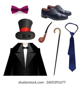Gentleman accessories set. Men's items and clothes on white background. Vector realistic illustration