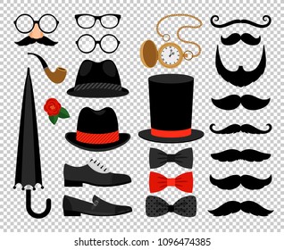 Gentleman accessories. Vintage man cylinder hat and bow tie, mustache, umbrella walking stick and spectacles vector illustration isolated on transparent