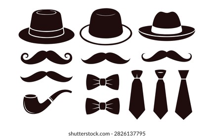 Gentleman accessory silhouette set with gentleman accessory mustache silhouette