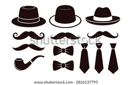 Gentleman accessory silhouette set with gentleman accessory mustache silhouette