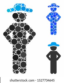 Gentleman akimbo composition of circle elements in variable sizes and color tinges, based on gentleman akimbo icon. Vector circle elements are composed into blue mosaic.
