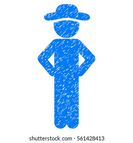 Gentleman Akimbo grainy textured icon for overlay watermark stamps. Flat symbol with dirty texture. Dotted vector blue ink rubber seal stamp with grunge design on a white background.