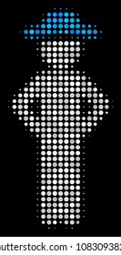 Gentleman akimbo halftone vector icon. Illustration style is dot iconic gentleman akimbo symbol on a black background. Halftone matrix is build with round points.