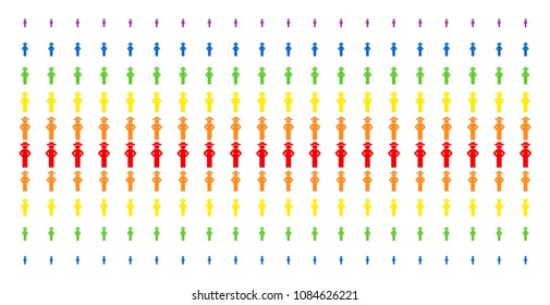 Gentleman Akimbo icon rainbow colored halftone pattern. Vector items arranged into halftone matrix with vertical spectrum gradient. Constructed for backgrounds, covers,