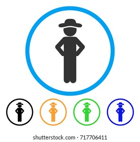 Gentleman Akimbo icon. Vector illustration style is a flat iconic gentleman akimbo grey rounded symbol inside light blue circle with black, green, blue, yellow color versions.