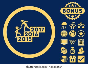 Gentleman Annual Help icon with bonus elements. Vector illustration style is flat iconic symbols, yellow color, blue background.