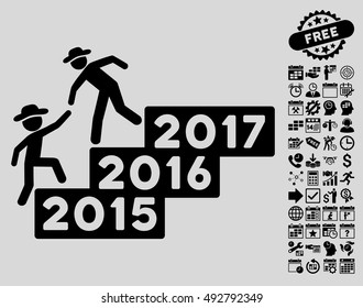 Gentleman Annual Help pictograph with bonus calendar and time management icon set. Vector illustration style is flat iconic symbols, black color, light gray background.