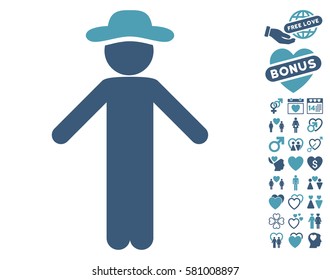 Gentleman Apology icon with bonus decorative icon set. Vector illustration style is flat iconic cyan and blue symbols on white background.
