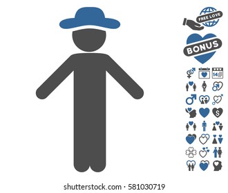 Gentleman Apology pictograph with bonus love icon set. Vector illustration style is flat iconic cobalt and gray symbols on white background.